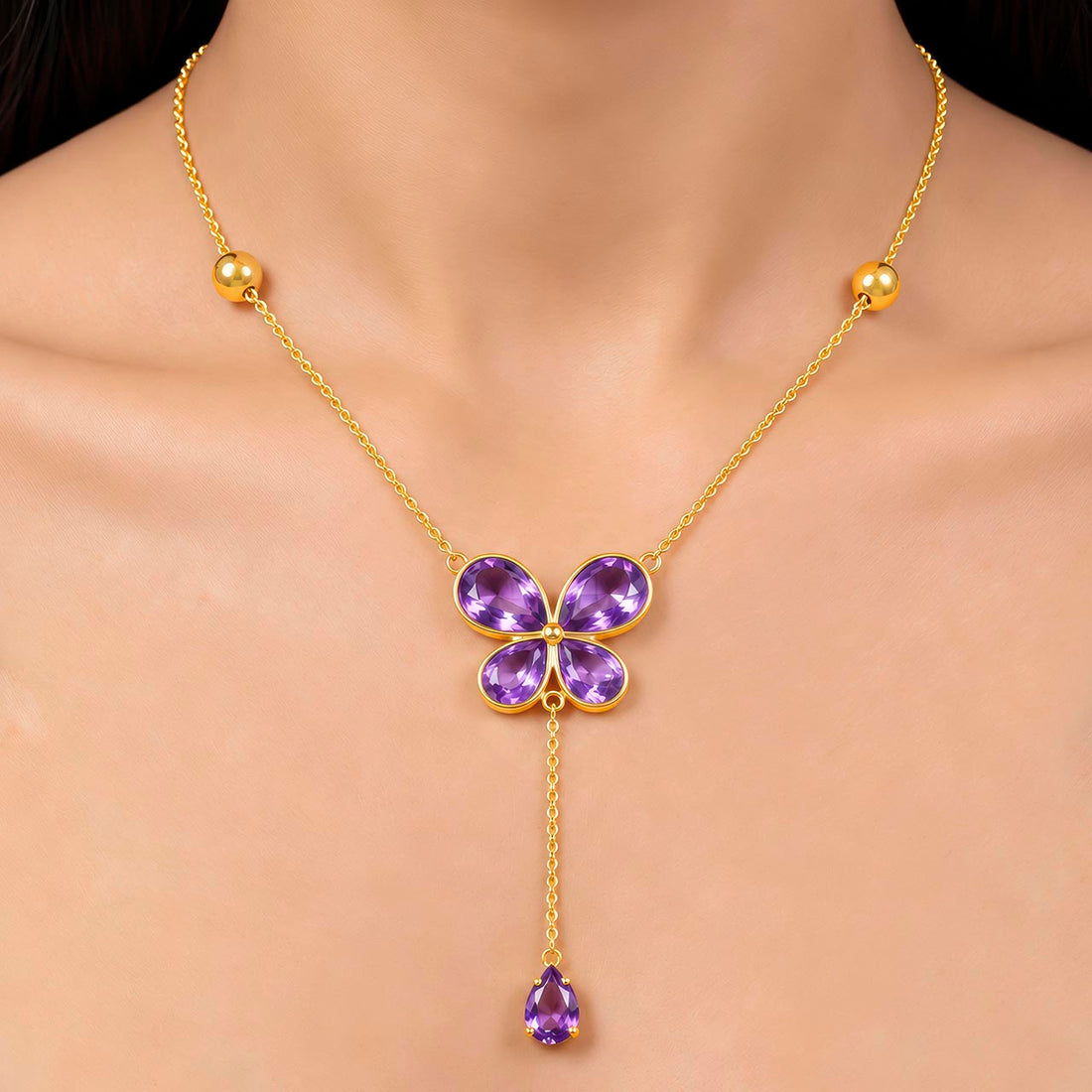PRAO Necklace Anti-Tarnish Purple Crystal Butterfly Pendant