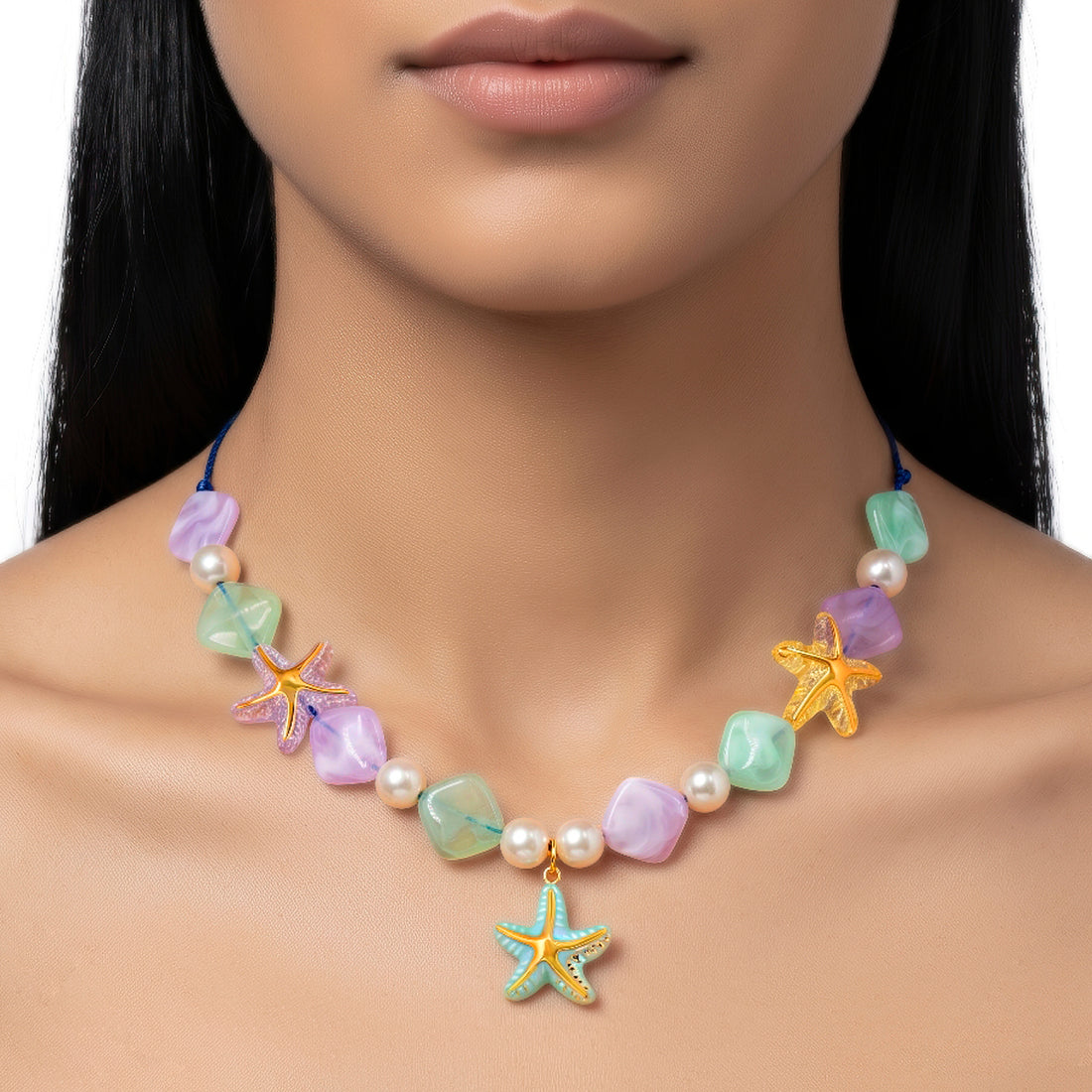 PRAO Necklace Blue Cord Pastel Bead Starfish Pendant