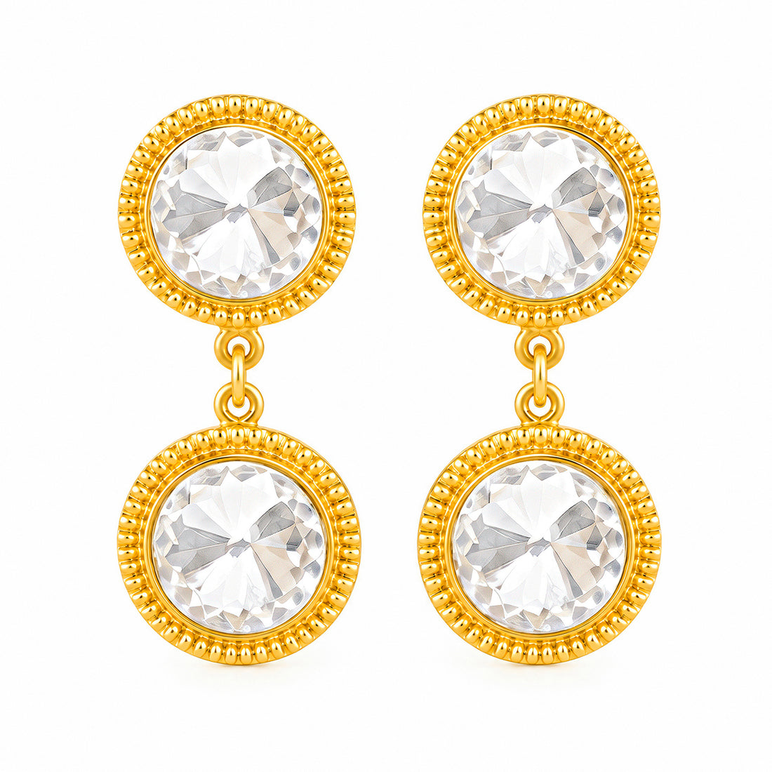 PRAO Earrings Anti-Tarnish Double Round Crystal Bezel Drop