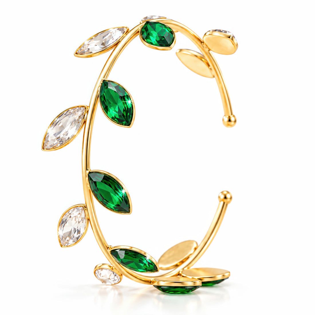 PRAO Bracelet Anti-Tarnish Emerald Crystal Leafy Bangle (Adjustable Size)