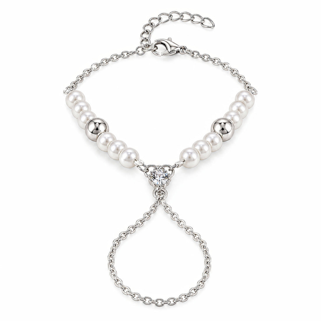 PRAO Bracelet Cum Ring Anti-Tarnish Pearl Crystal Floral Hand Chain (Adjustable Size)