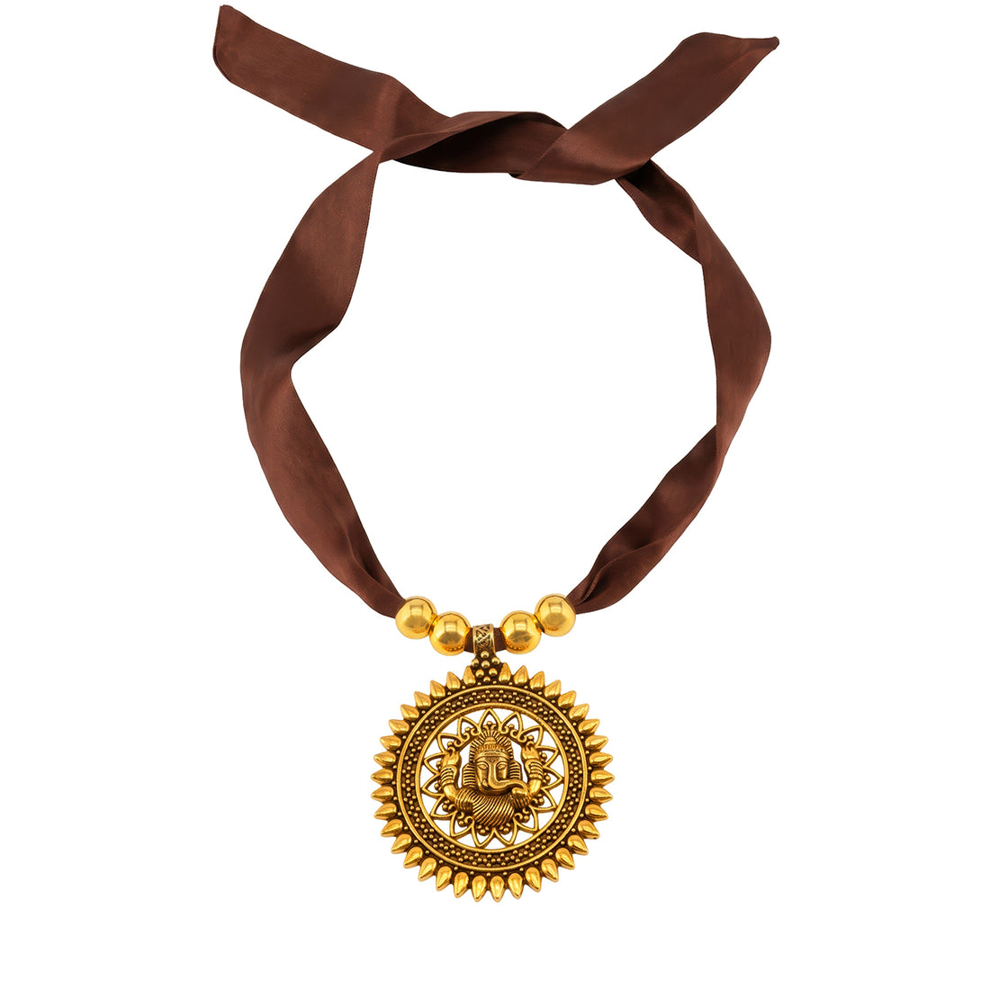 PRAO Scarf Necklace Lord Ganesha Medallion Brown Ribbon