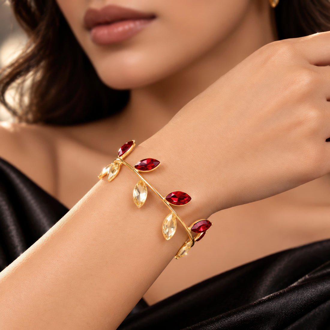 PRAO Bracelet Anti-Tarnish Gold Plated Broad Leafy Cuff Bangle (Adjustable Size)