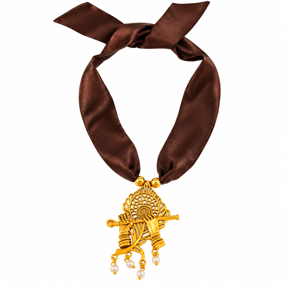 PRAO Scarf Necklace Antique Gold Krishna Flute Peacock Feather Pearl Charms