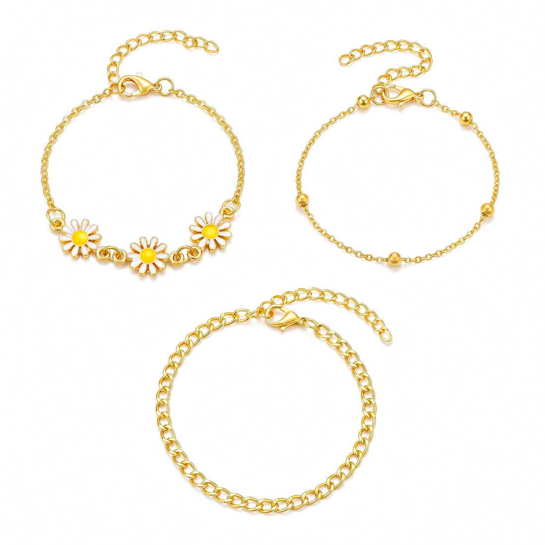 PRAO 3 Bracelet Anti-Tarnish Chain With Daisy Charm Design (Adjustable Size)