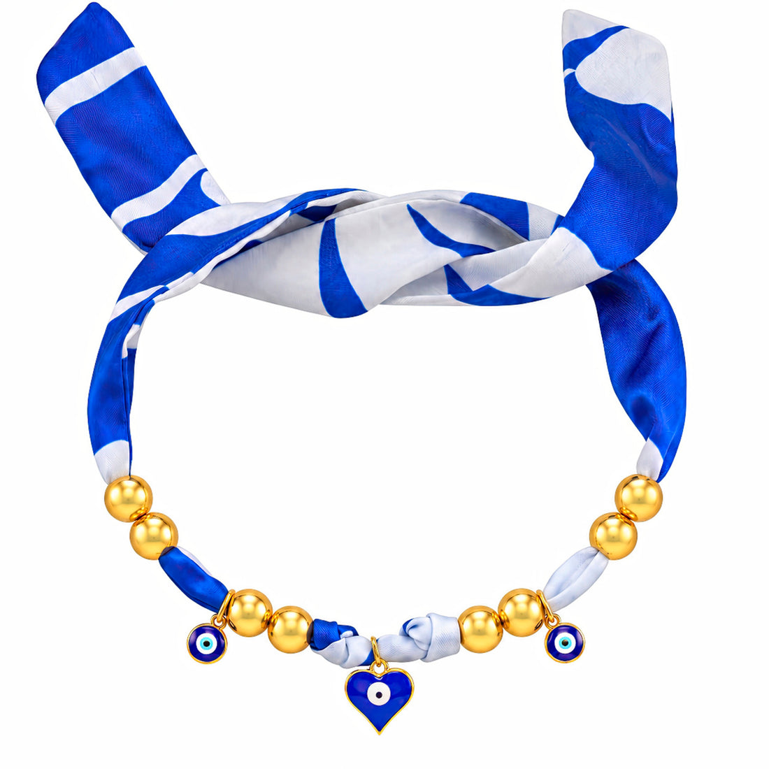 PRAO Scarf Necklace Blue White Patterned Evil Eye Heart Charm