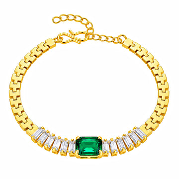 PRAO Bracelet Anti-Tarnish Baguette Green Stone Chain (Adjustable Size)