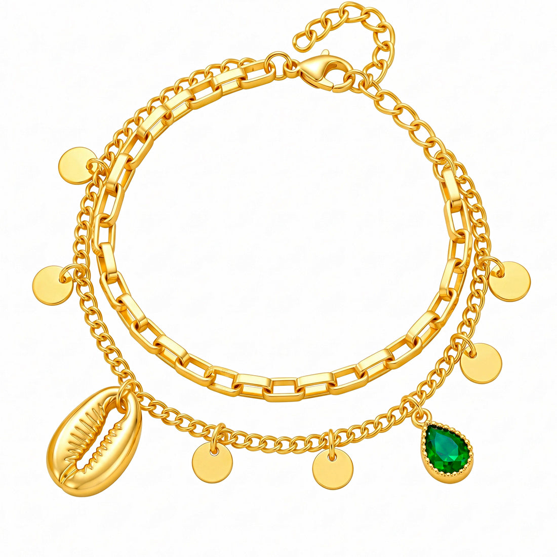 PRAO Bracelet Anti-Tarnish Coin Cowrie Emerald Charm (Adjustable Size)