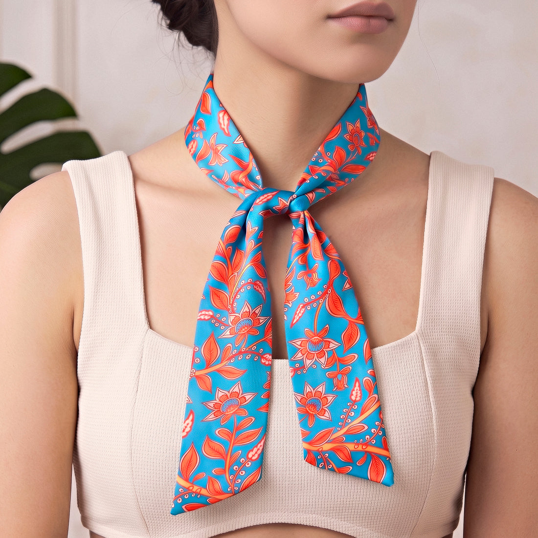 PRAO Scarf Necklace Turquoise Floral Pattern