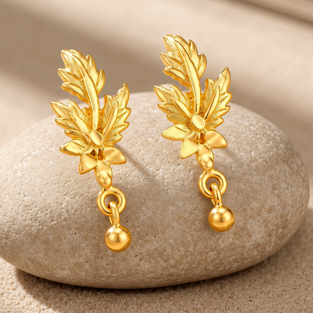 PRAO Earrings Anti-Tarnish Gold Plated Leaf Bead Dangle