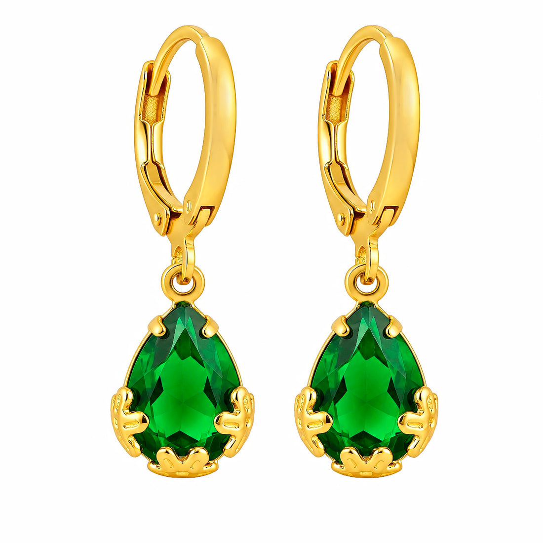 PRAO Earrings Anti-Tarnish Floral Prong Emerald Crystal