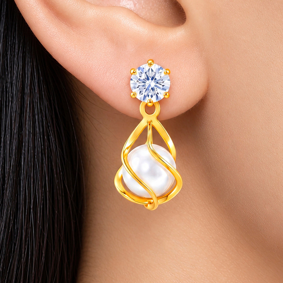 PRAO Earrings Anti-Tarnish Swirl Cage White Stone Dangle
