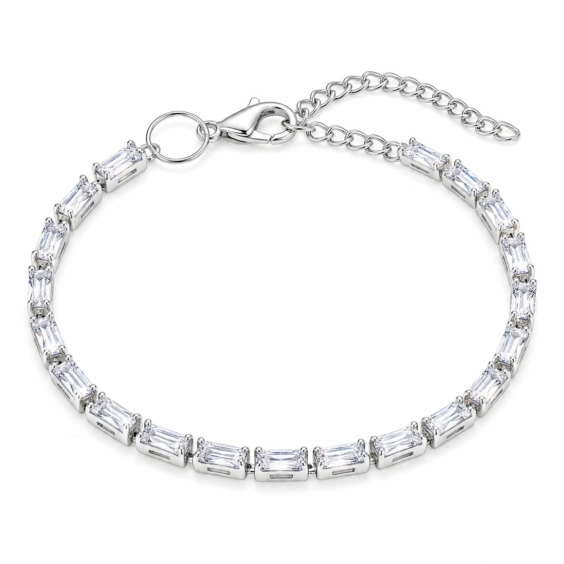PRAO Bracelet Anti-Tarnish Silver Baguette Crystal Link (Adjustable Size)