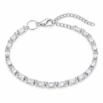 PRAO Bracelet Anti-Tarnish Silver Baguette Crystal Link (Adjustable Size)