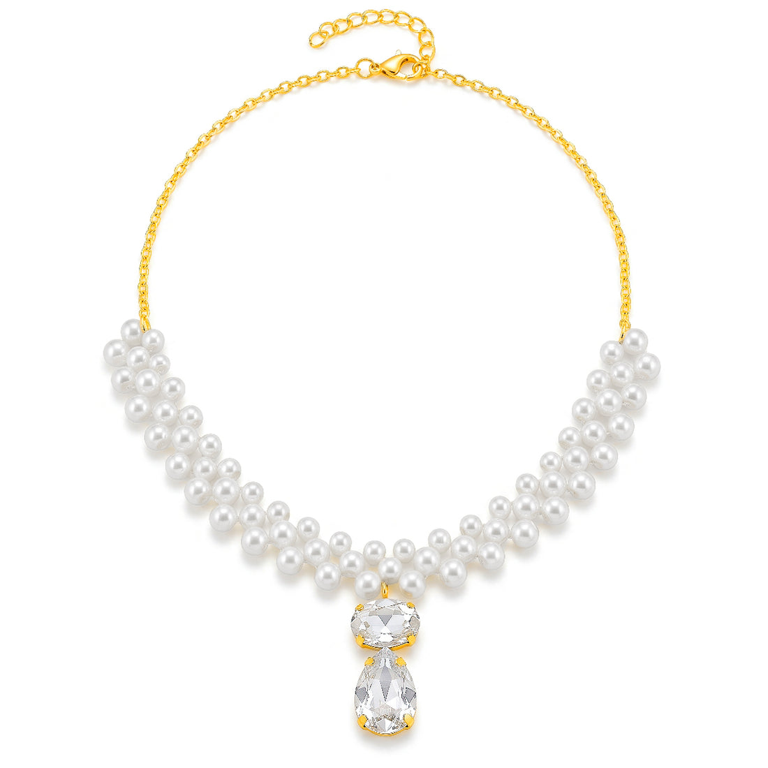 PRAO Necklace Anti-Tarnish Triple Strand Pearl Crystal Pendant