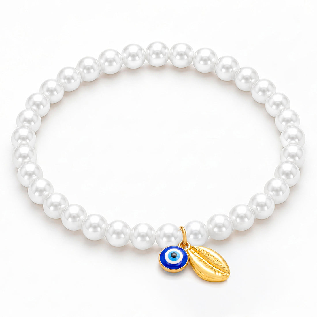PRAO Bracelet Anti-Tarnish White Pearl Evil Eye Cowrie Shell (Adjustable Size)