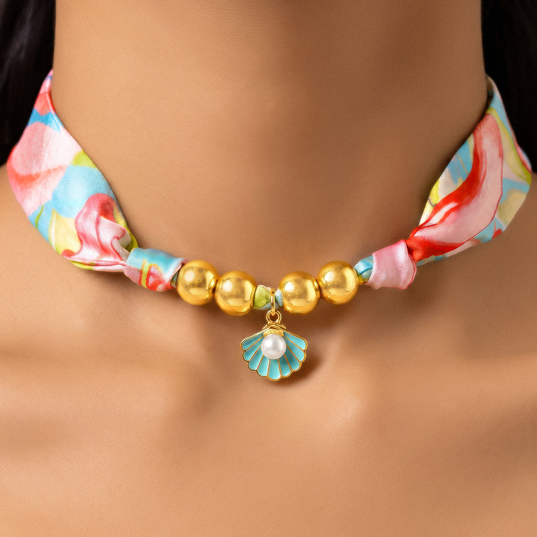 PRAO Scarf Necklace Colorful Patterned Silk Ribbon Blue Enamel Seashell Charm