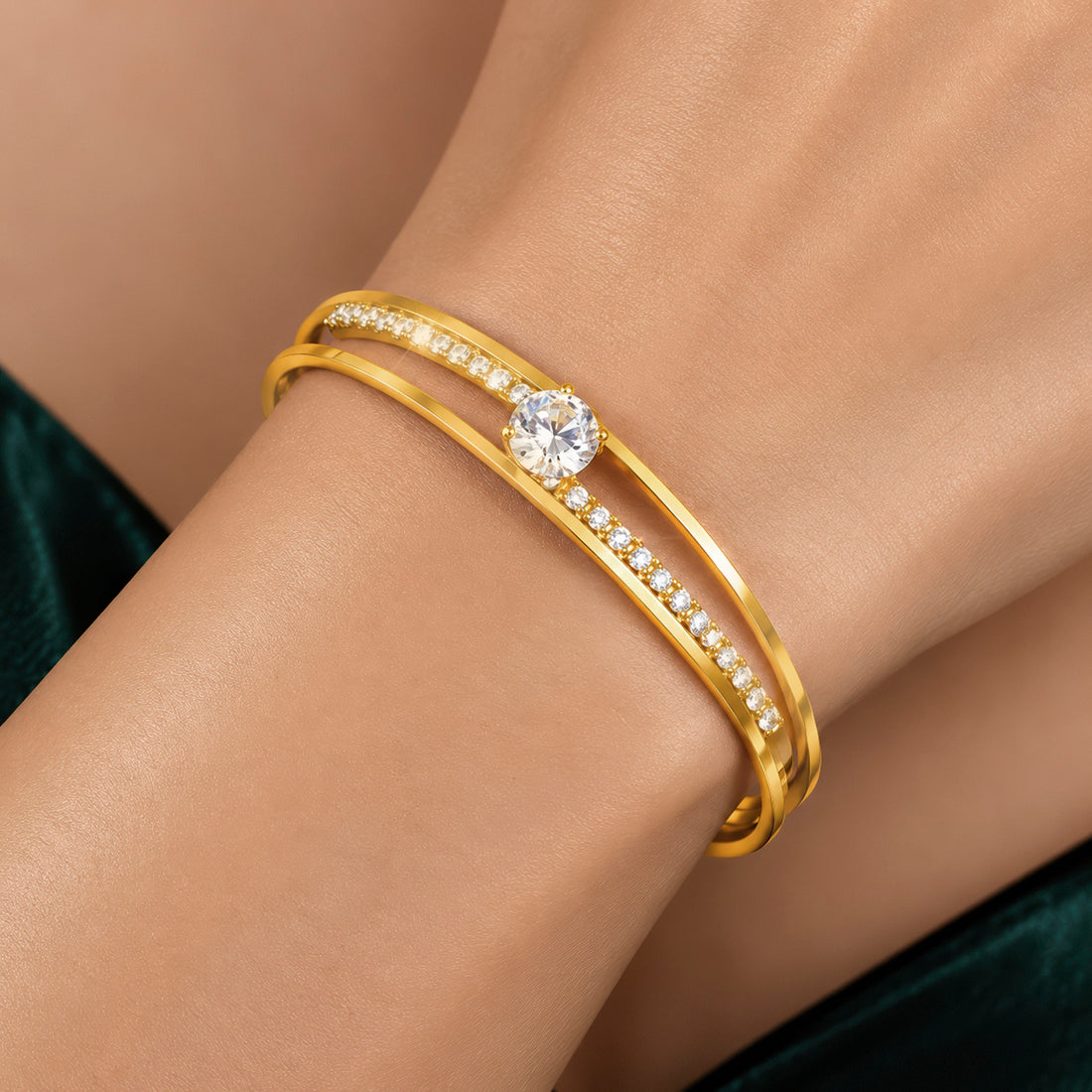 PRAO Bracelet Anti-Tarnish Double Band Crystal Cuff (Adjustable Size)