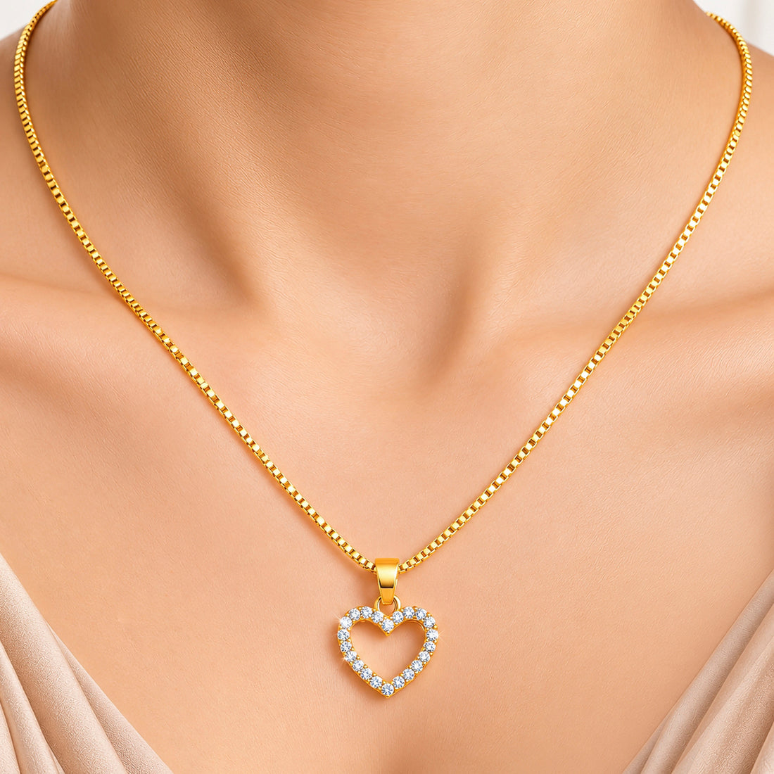 PRAO Necklace Anti-Tarnish Crystal Open Heart Box Chain
