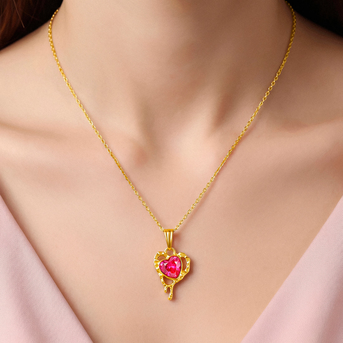 PRAO Necklace Anti-Tarnish Pink Heart Crystal