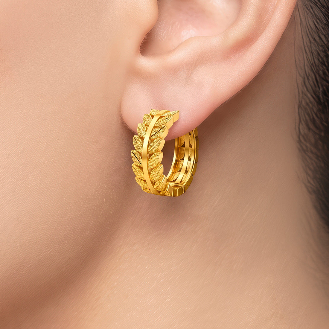 PRAO Earrings Anti-Tarnish Embossed Leaf Hoops