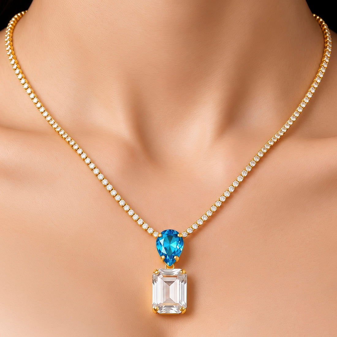 PRAO Necklace Anti-Tarnish Aquamarine Crystals Studded Statement Set
