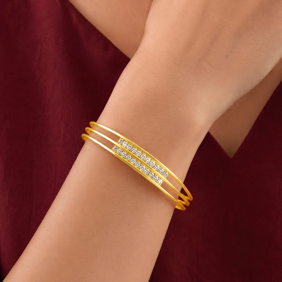 PRAO Bracelet Anti-Tarnish Triple Line Rhinestone Bangle (Adjustable Size)