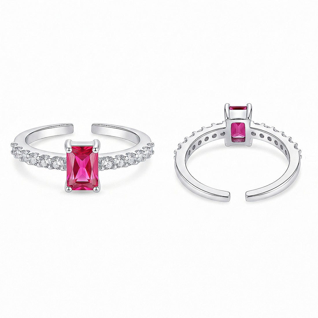 PRAO Ring Anti-Tarnish Emerald-Cut Ruby Pavé (Adjustable Size)