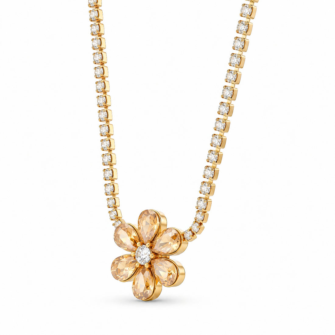 PRAO Necklace Anti-Tarnish Gold Plated Flower Crystal