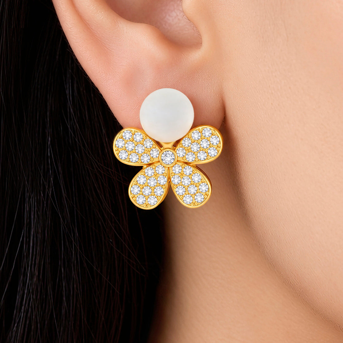 PRAO Earrings Anti-Tarnish Crystal Flower Cream Stone Drop