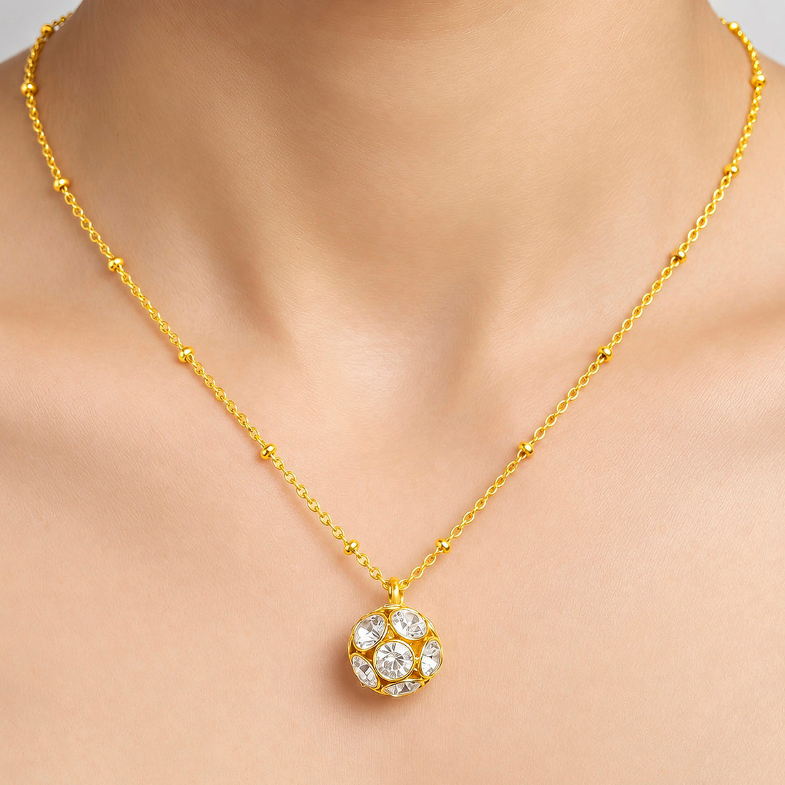 PRAO Necklace Anti-Tarnish Beaded Spherical Crystal Pendant