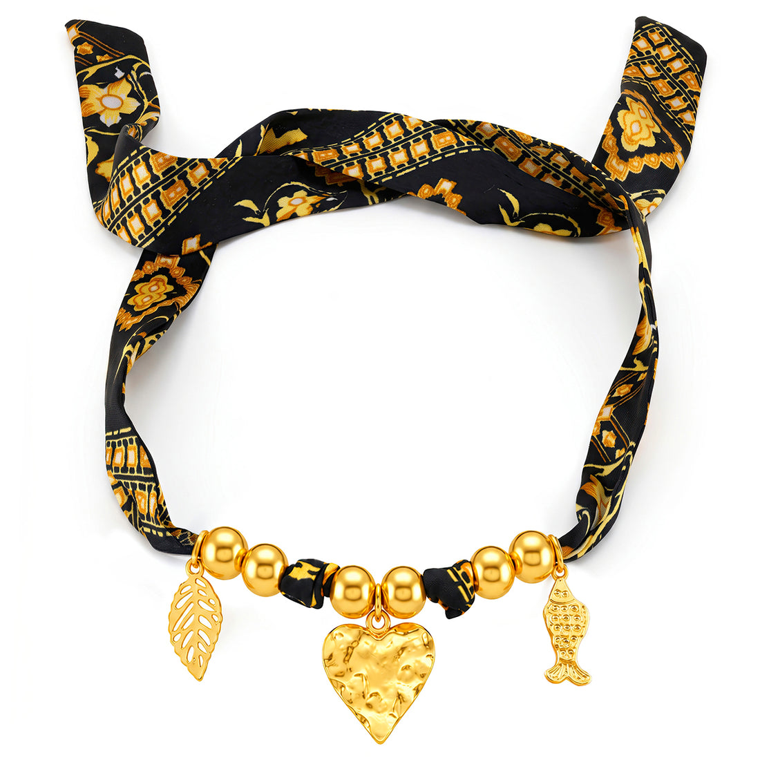 PRAO Scarf Necklace Black Orange Patterned Leaf Heart Fish