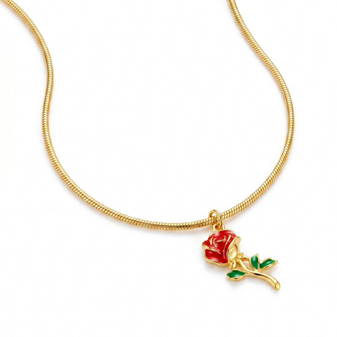 PRAO Necklace Anti-Tarnish Red Rose Pendant On Snake Chain