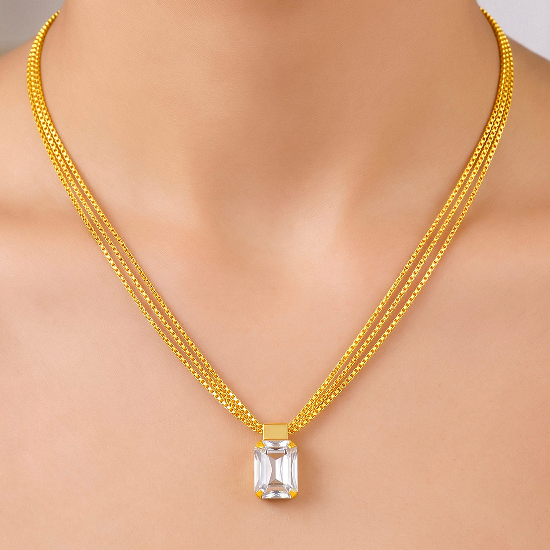 PRAO Necklace Anti-Tarnish Box Chain Crystal Pendant
