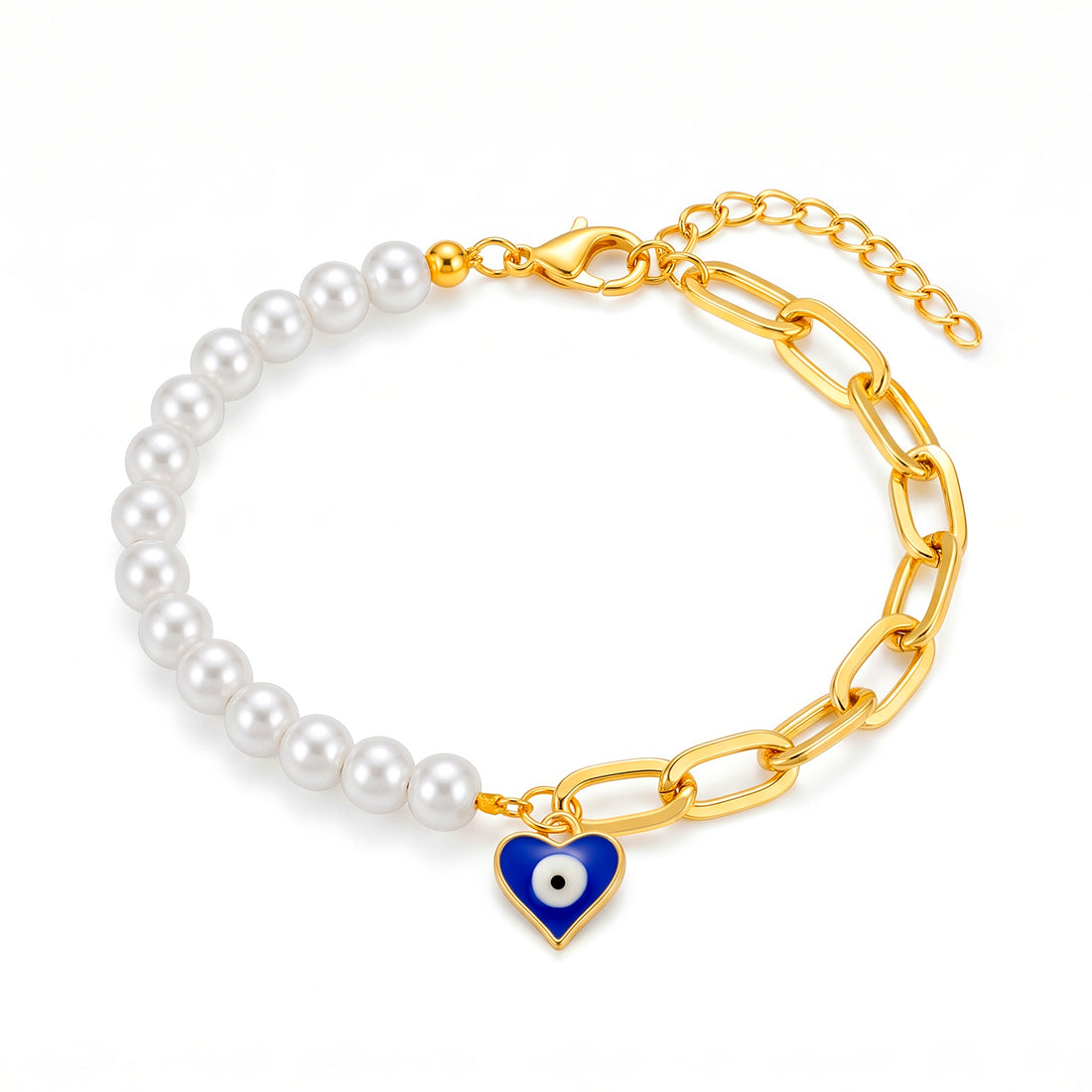 PRAO Bracelet Anti-Tarnish Pearl Link Chain Blue Evil Eye (Adjustable Size)