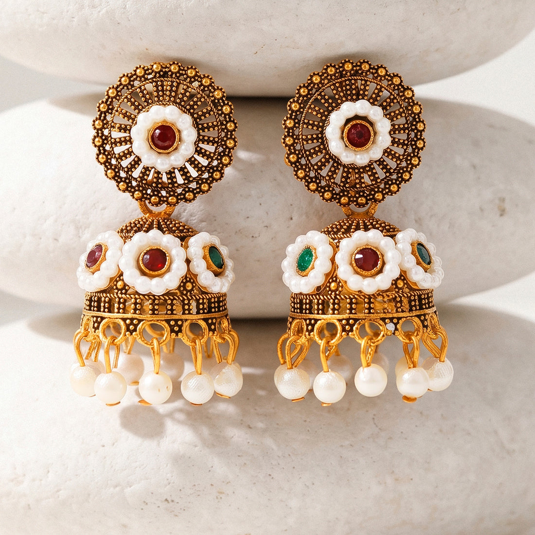 PRAO Earrings Anti-Tarnish Pearl Floral Jhumka