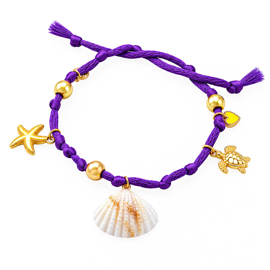 PRAO Bracelet Purple Cord Seashell Starfish Charm (Adjustable Size)