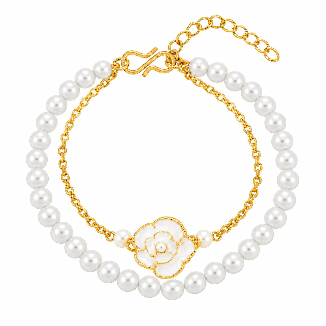 PRAO Bracelet Anti-Tarnish Pearl Camellia Layered (Adjustable Size)