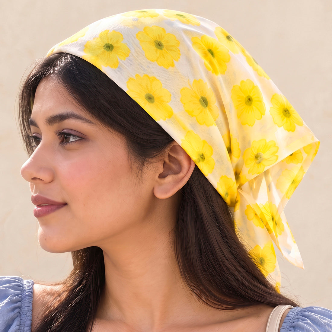 PRAO Scarf Necklace Yellow Floral Printed Pattern