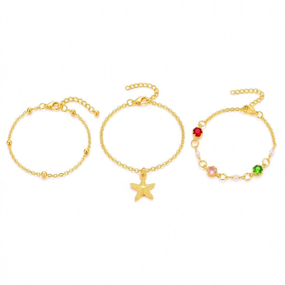 PRAO 3 Bracelet Anti-Tarnish Three-Strand With Starfish Charm And Bead Accents (Adjustable Size/Color May Vary)