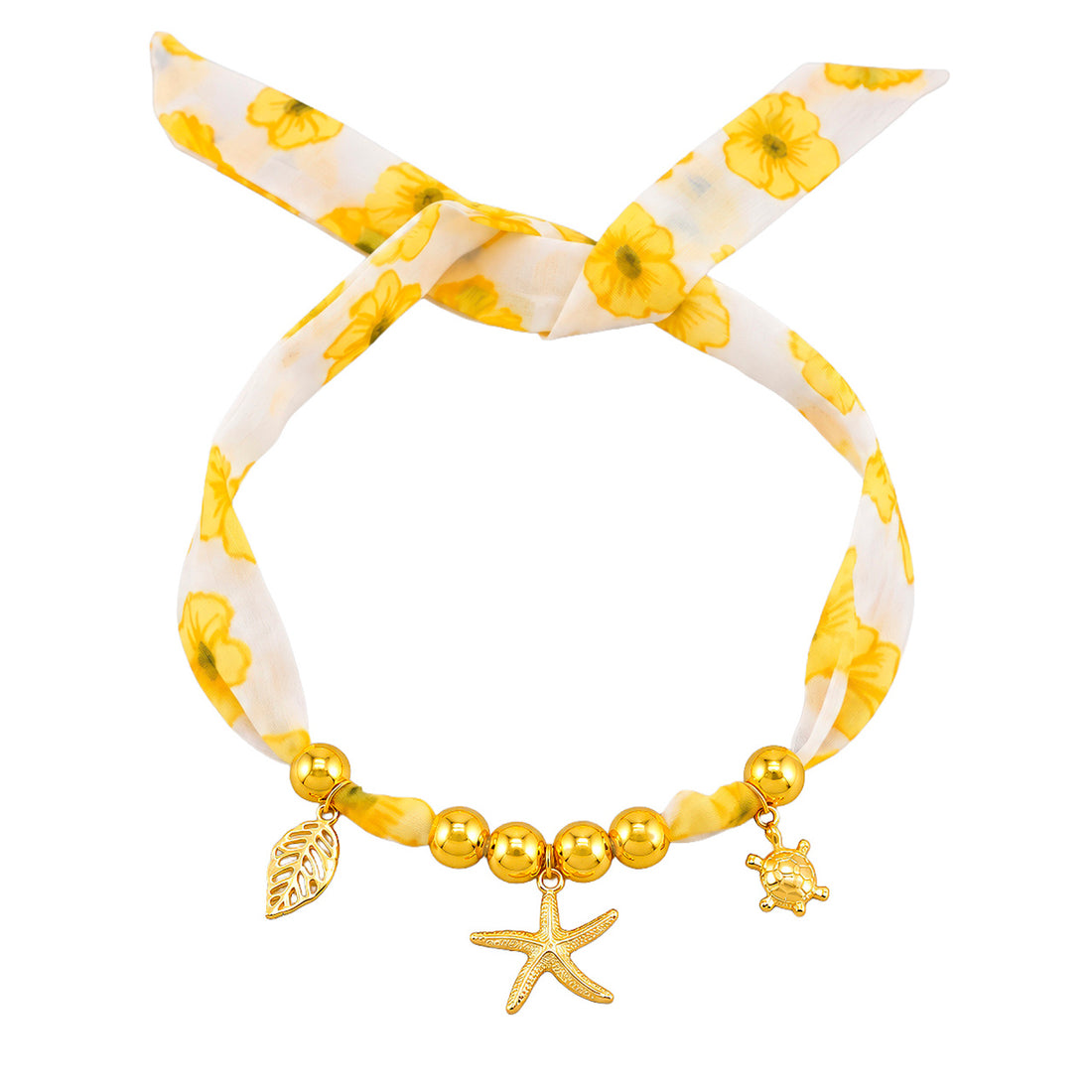PRAO Scarf Necklace Yellow Floral Ribbon Leaf Starfish Sea Turtle Charms
