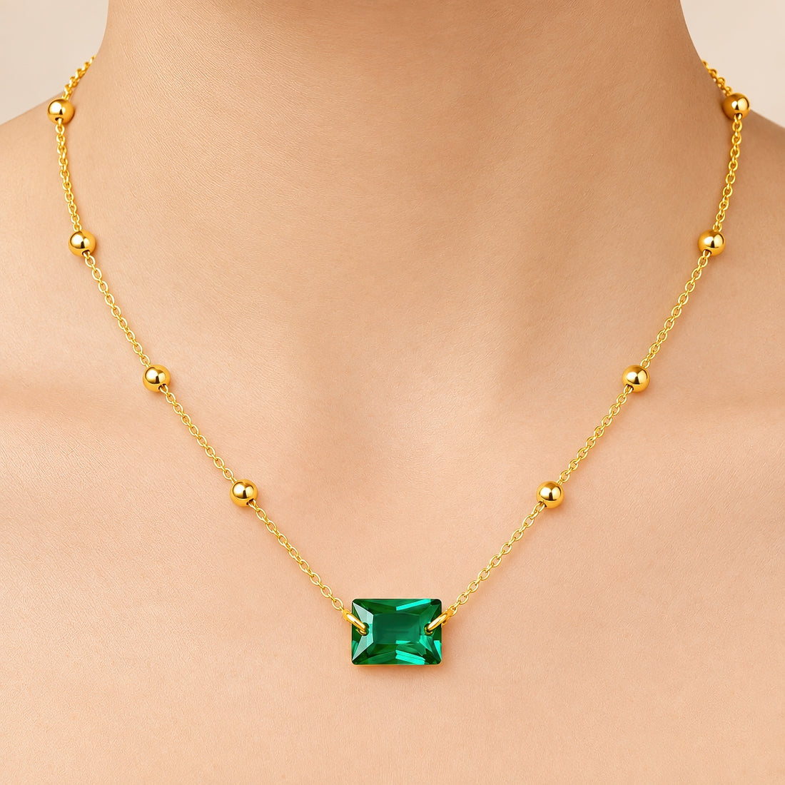PRAO Necklace Anti-Tarnish Emerald Geometric Crystal