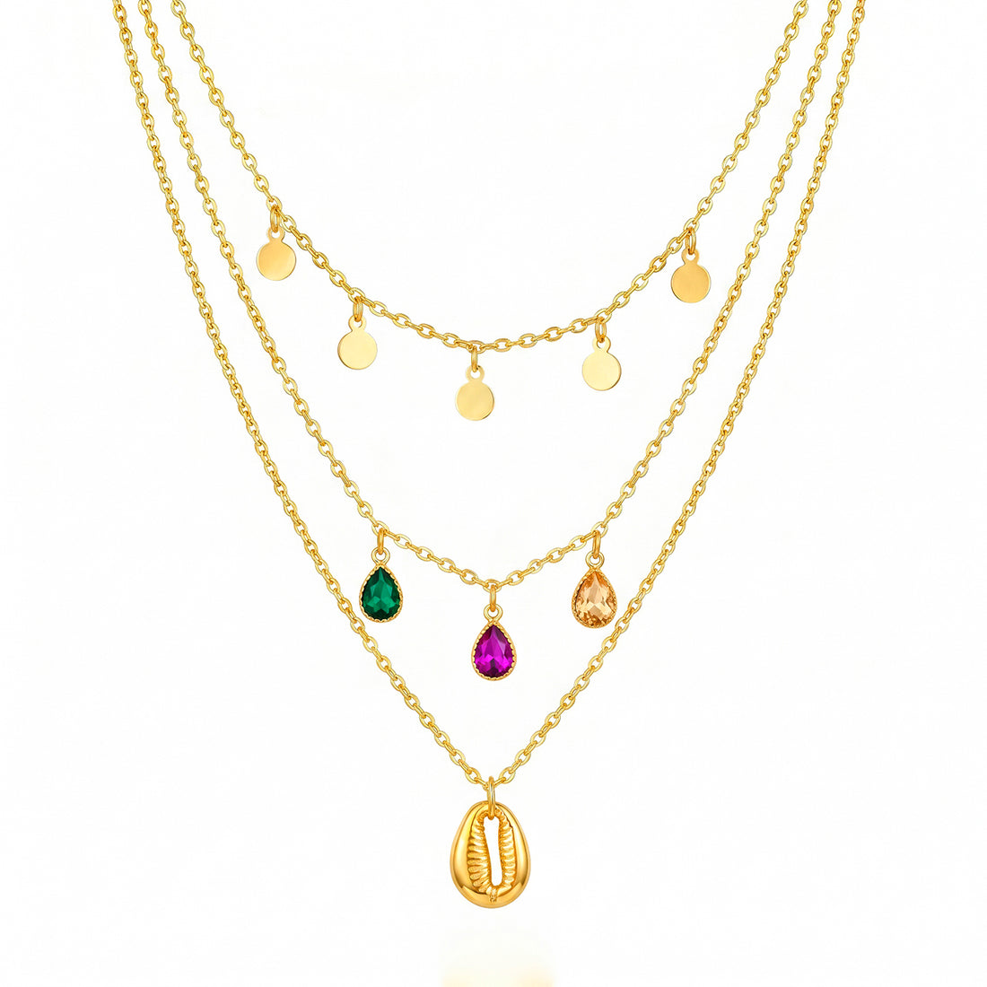 PRAO Necklace Anti-Tarnish Gold Plated Multilayered Crystal Charms