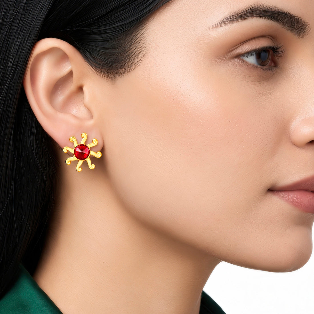 PRAO Earrings Anti-Tarnish Red Crystal Sunburst Stud