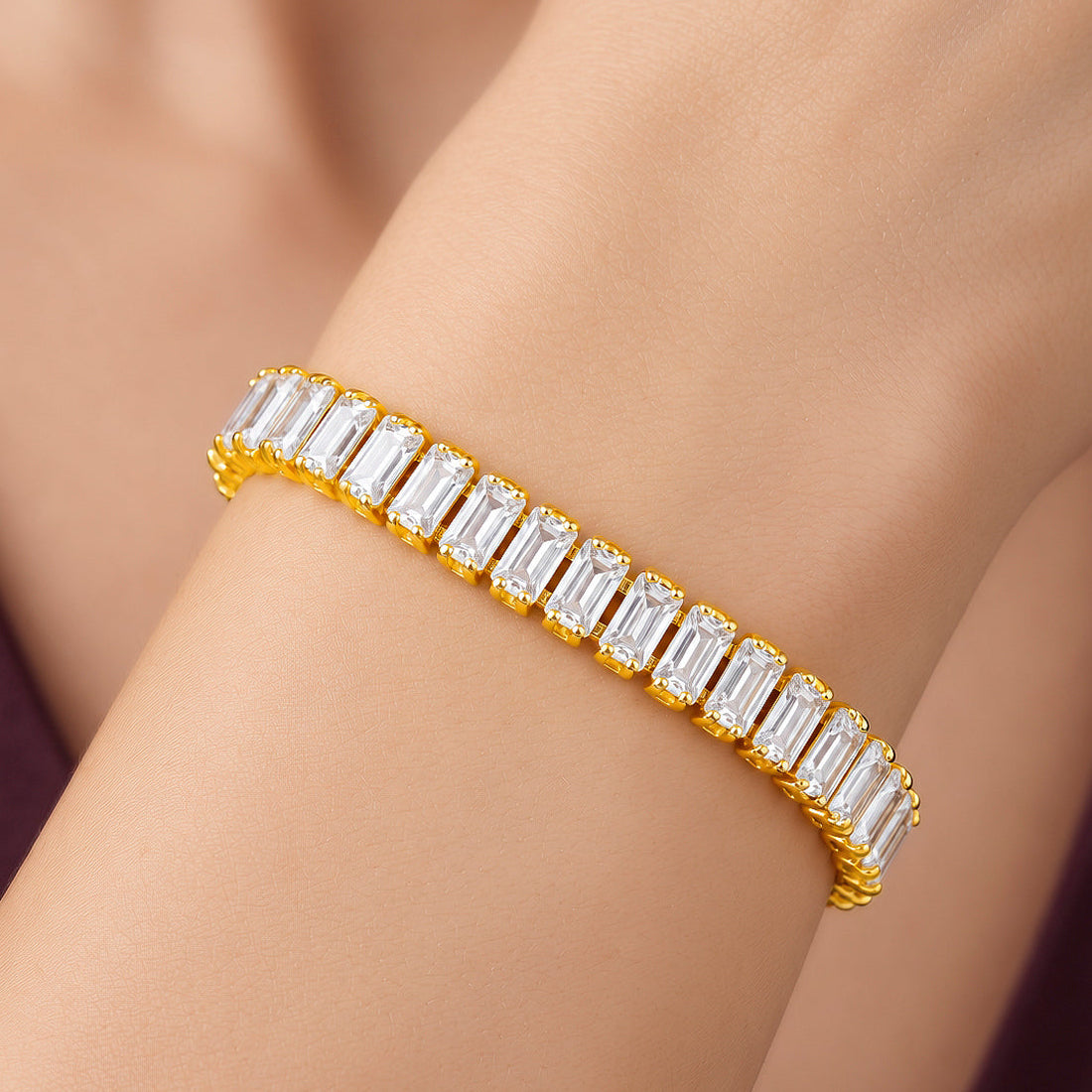 PRAO Bracelet Anti-Tarnish Baguette Crystal Tennis (Adjustable Size)