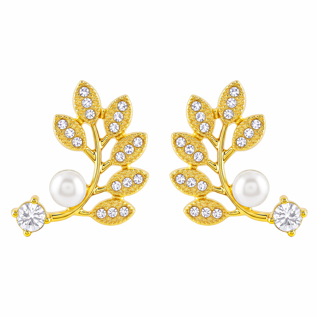 PRAO Earrings Anti-Tarnish Crystal Leaf Pearl Ear Climber