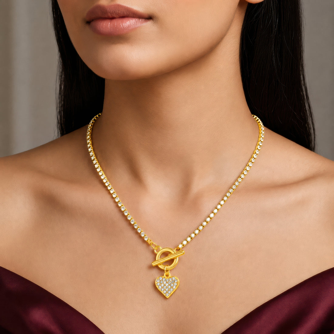 PRAO Necklace Anti-Tarnish Gold Plated Heart Charm with T-Lock