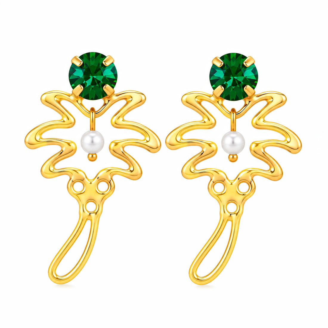 PRAO Earrings Anti-Tarnish Palm Tree Pearl Emerald Dangle