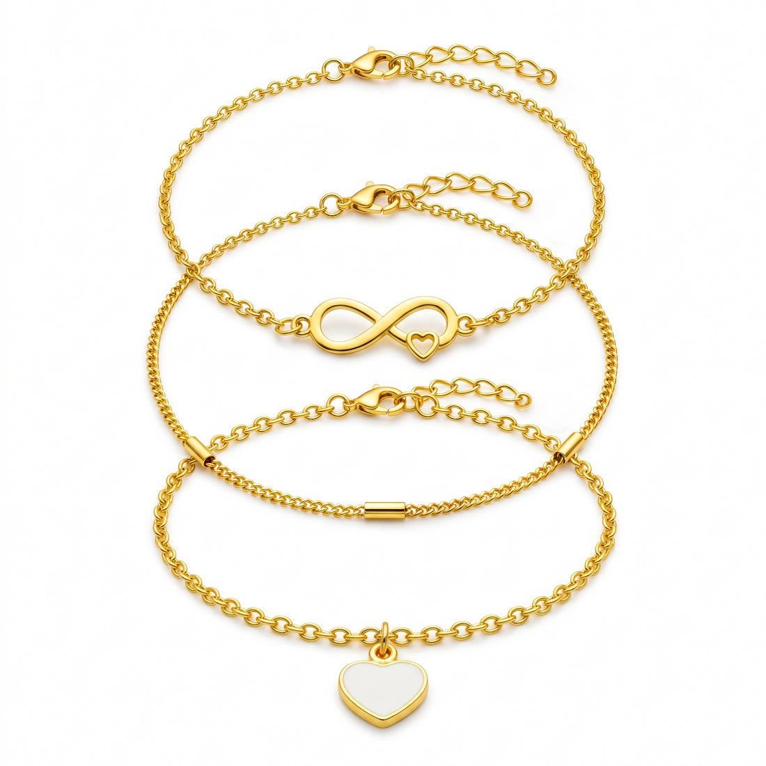 PRAO 3 Bracelet Anti-Tarnish Chain Set With Infinity And Heart Charms (Adjustable Size)