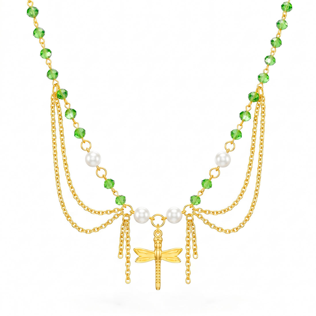 PRAO Necklace Anti-Tarnish Bead Pearl Bib Dragonfly
